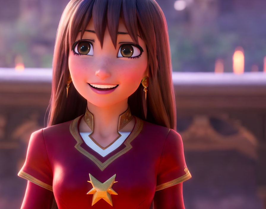 Smiling animated girl with brown hair in red and gold attire