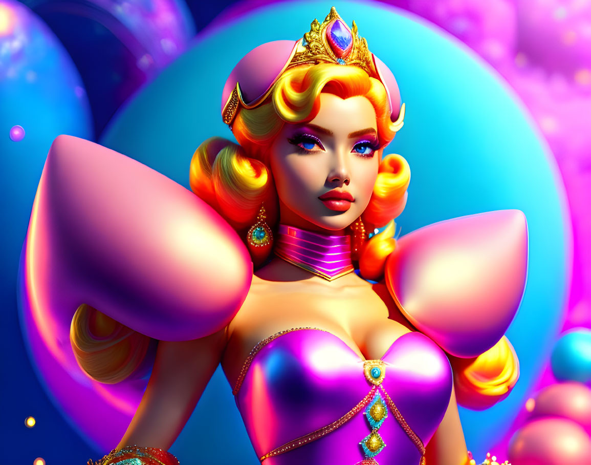 Colorful 3D illustration of fantastical female character with golden hair and pink dress