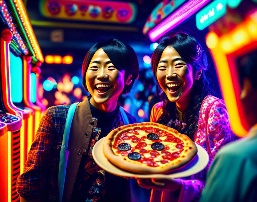 Vibrant arcade scene with two people smiling and neon lights