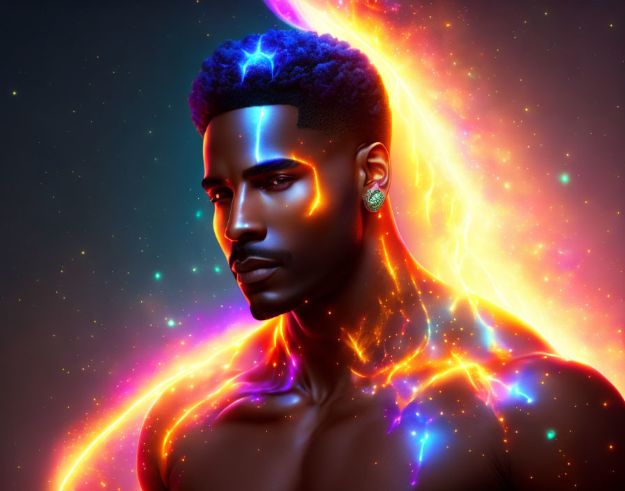 Vibrant neon lights and cosmic patterns on stylized man portrait