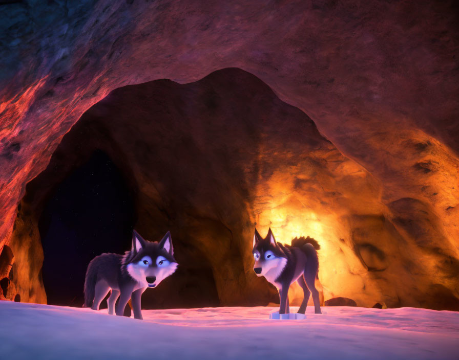 Animated wolves in luminous cave with starry night view.