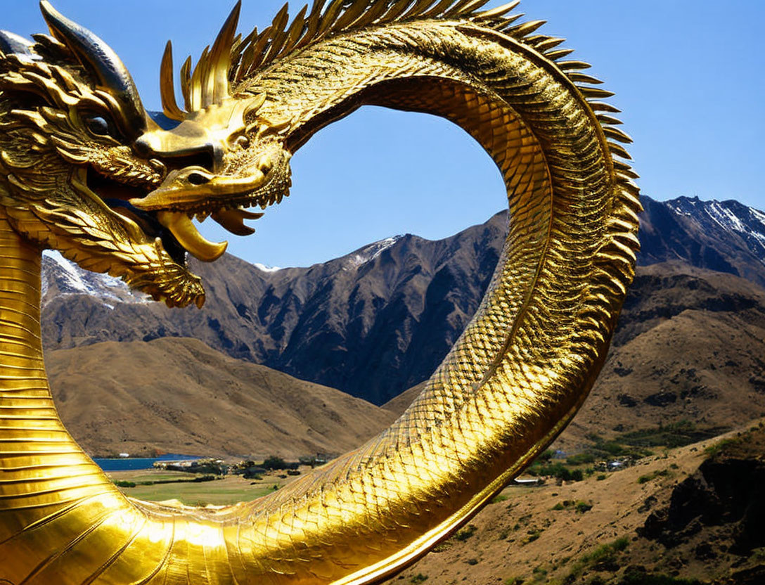 Golden dragon statue with mountains and blue sky scenery