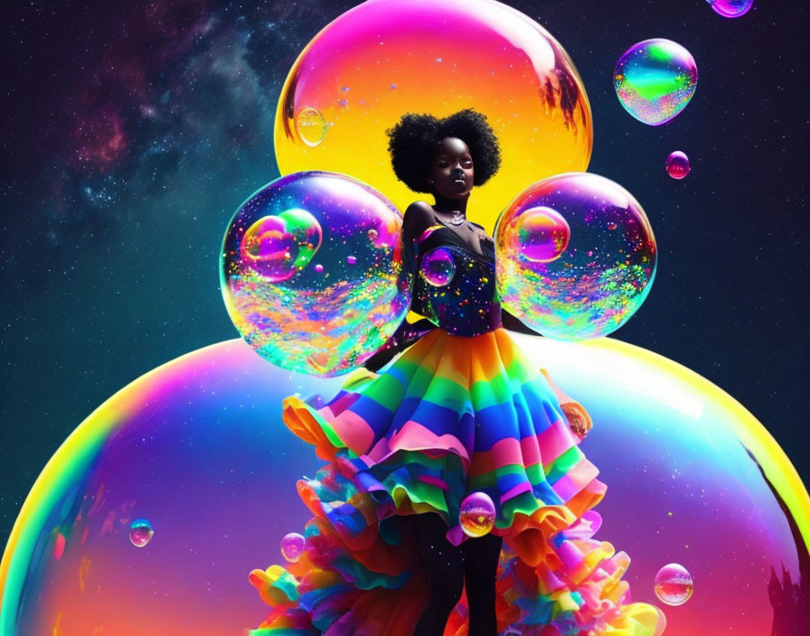 Colorful Afro Woman in Cosmic Setting with Soap Bubbles