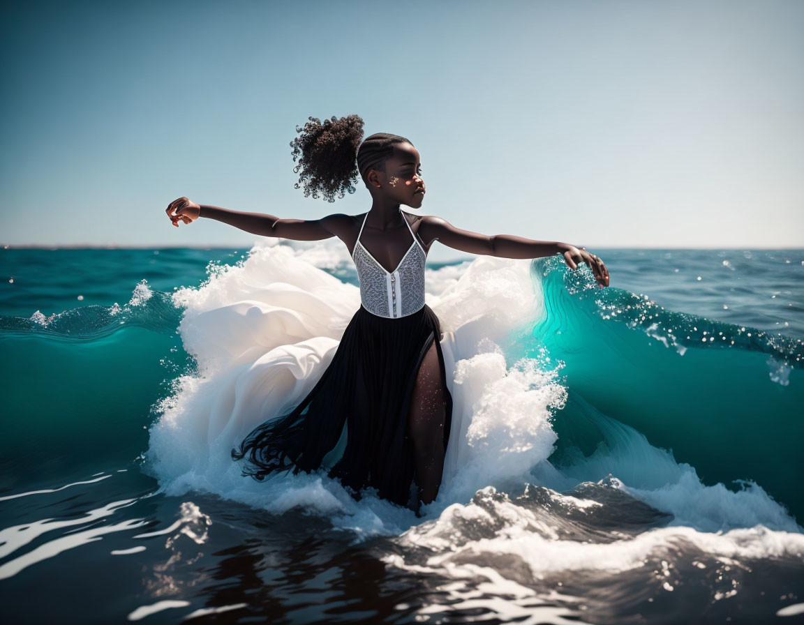 Woman in White and Black Dress Standing in Waves with Blue Ocean and Clear Sky