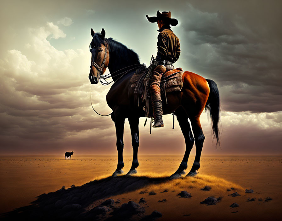 Cowboy on Horseback in Desert Under Dramatic Sky