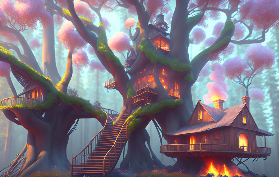 Whimsical treehouse in misty forest with pink foliage