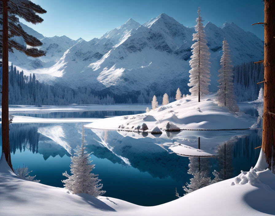 Snow-covered trees and mountains reflected in a serene winter lake