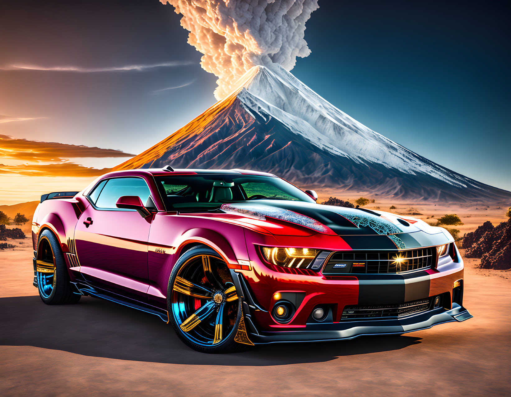 Custom-painted car with oversized wheels parked near erupting volcano