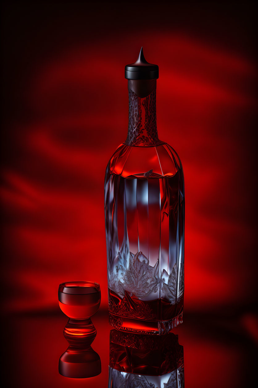 Crystal whiskey decanter with intricate patterns and amber liquid on vibrant red background