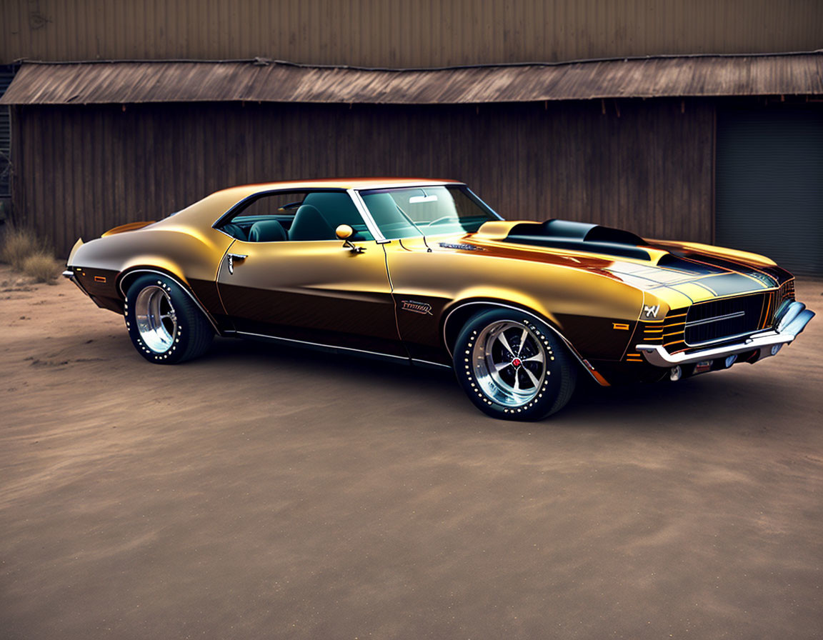 Vintage Muscle Car with Gold and Black Paint, Chrome Accents, and Sporty Wheels parked by Metal