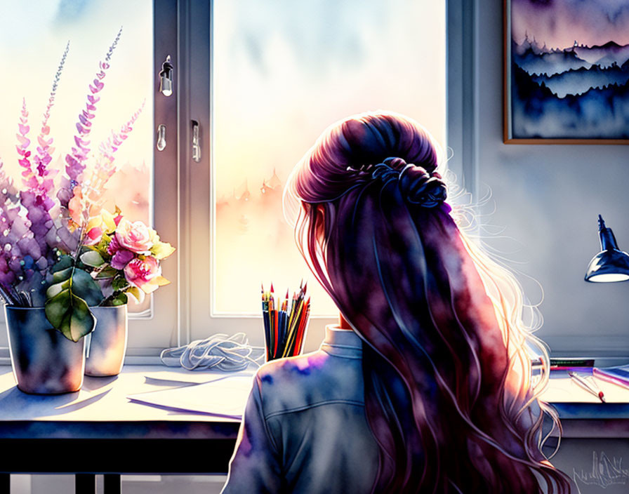 Pink-haired woman at desk with pencils, lamp, and flowers, looking at mountain sunset.