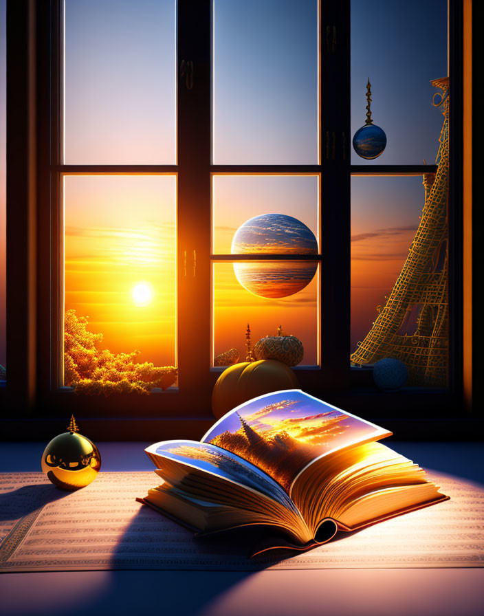 Illustrated landscape in open book with sunset, hanging planets, Eiffel Tower.