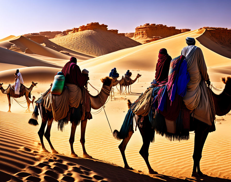 Camel caravan crossing golden desert dunes with riders in traditional attire