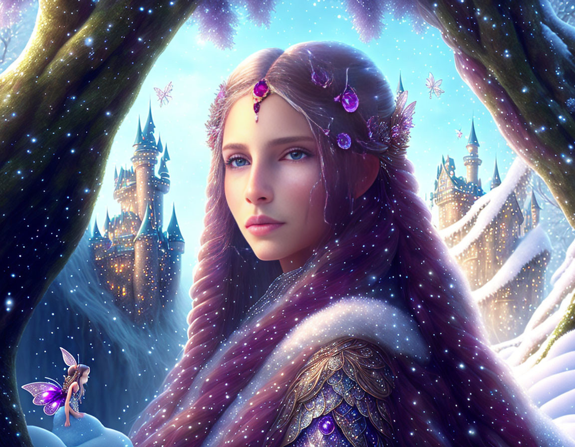 Fantasy illustration of an elven woman with long wavy hair, violet flowers, castle backdrop,