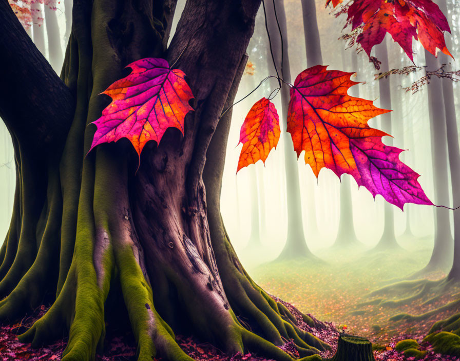 Autumn Leaves Against Misty Forest with Twisted Trees