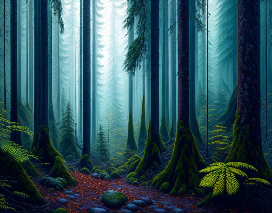 Enchanting forest with towering trees and dense fog