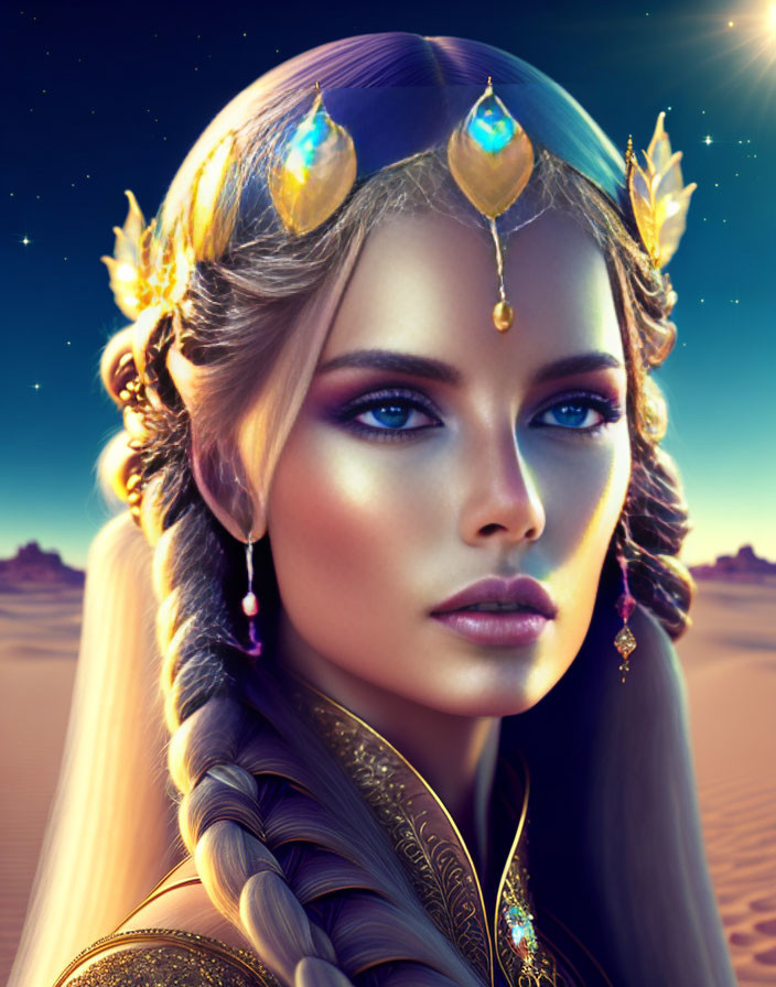 Fantasy portrait of woman with golden headdress and blue eyes against desert night backdrop