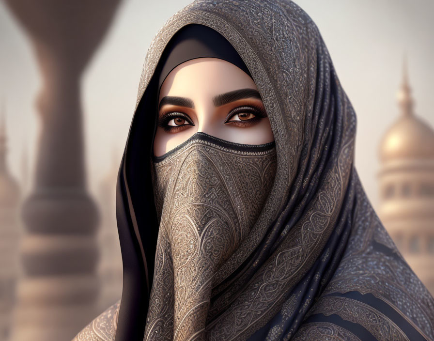 Intricate patterns on woman in niqab and hijab with architectural domes