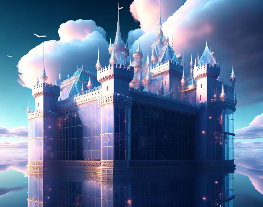 Ethereal digital artwork of a floating castle at dusk