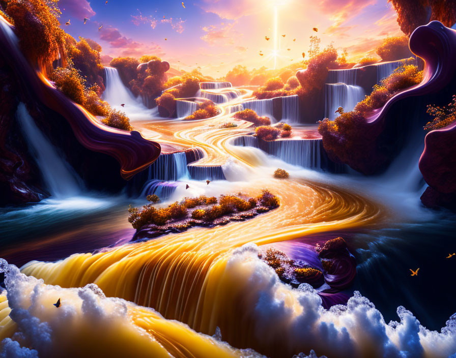 Colorful Waterfall Landscape with Sunset and Surreal Sky