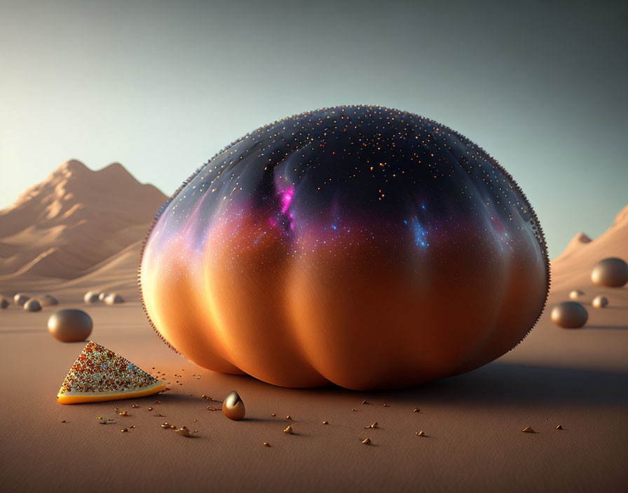 Surreal desert landscape with translucent egg and cosmic interior