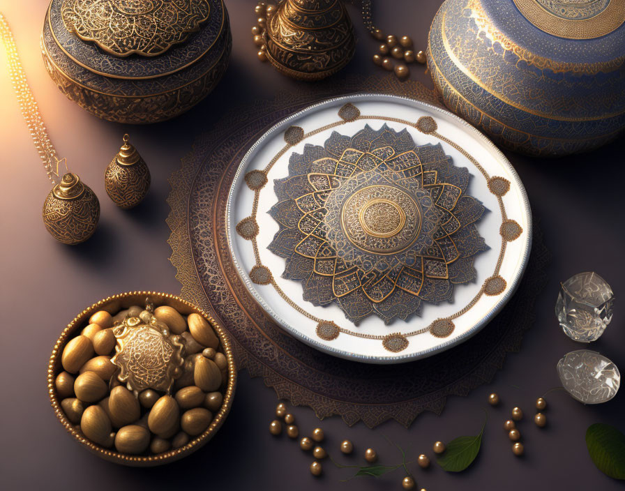 Intricately Designed Oriental Still Life with Golden and Blue Items