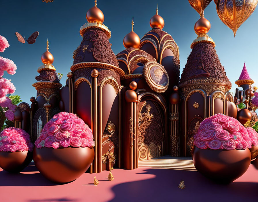 Ornate chocolate egg-like structures in fantastical landscape