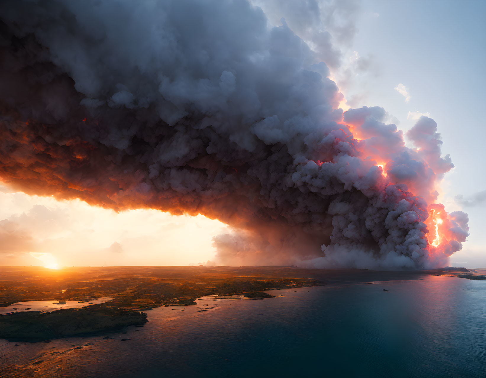 Dramatic volcanic eruption with massive ash cloud over island at sunset