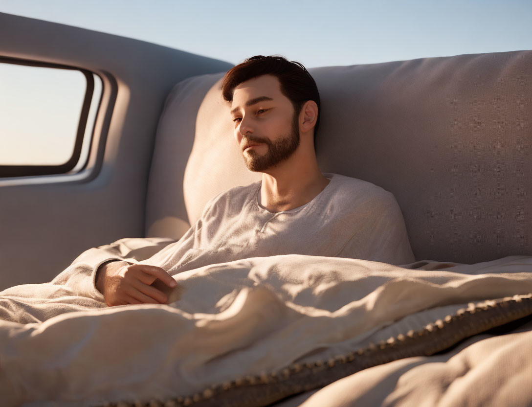 Bearded man in white shirt peacefully sleeping in sunlight with blanket