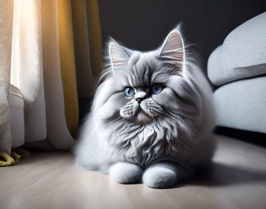 Gray Persian Cat with Blue Eyes Relaxing on Wooden Floor by Couch and Curtains