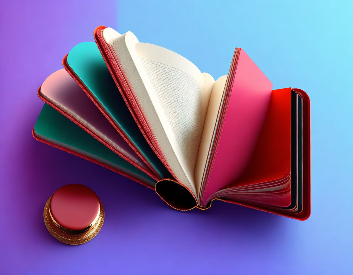 Colorful Open Notebooks with Round Red Object on Blue and Purple Background