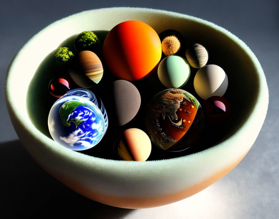 Colorful Spheres Arranged in Cream Bowl on Dark Background