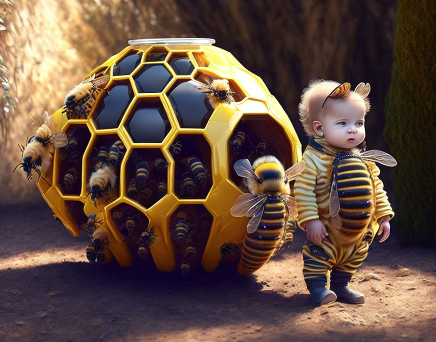 Toddler in Bee Costume with Honeycomb and Bees in Sunlit Scene