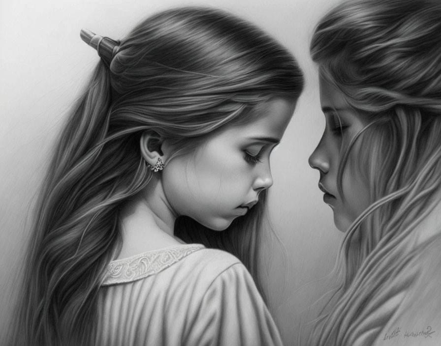 Detailed pencil drawing of two girls in profile, foreheads touching, showcasing intimacy and silent communication.