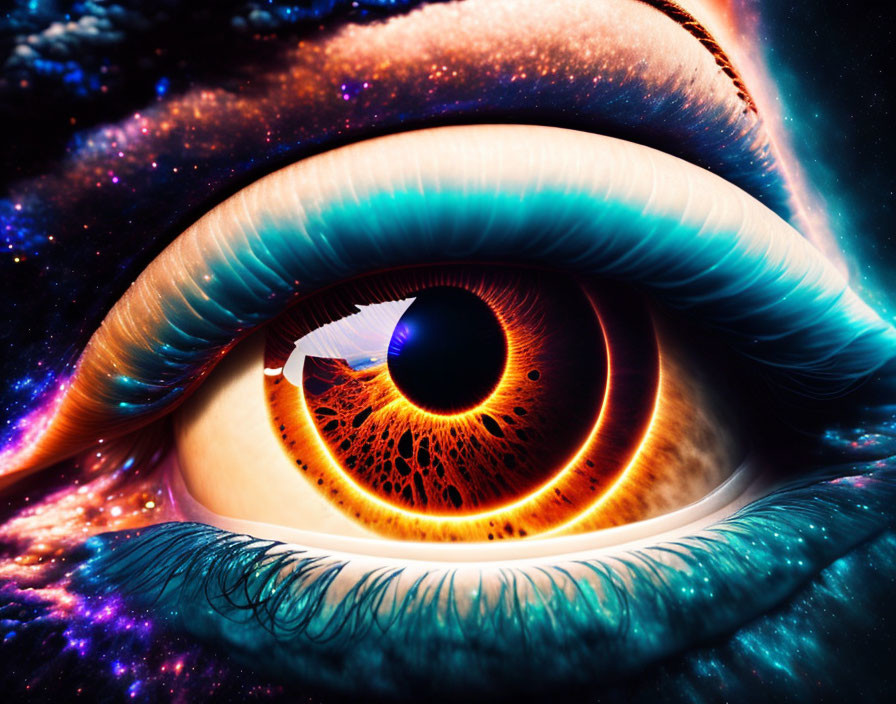 Surreal eye with fiery sun iris and cosmic nebulas on skin