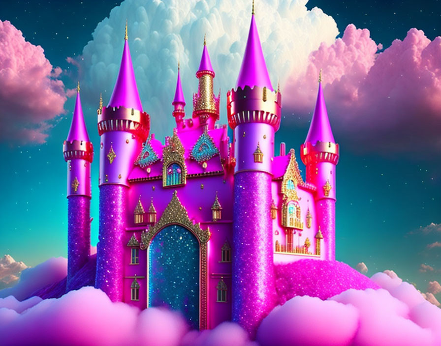 Pink Sparkling Castle on Cloudy Blue Sky