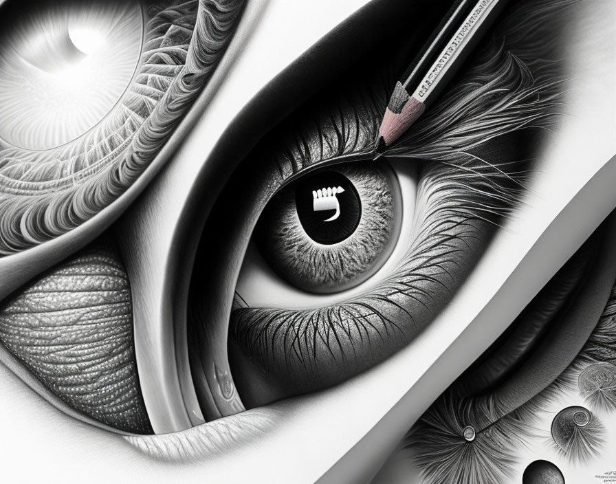 Detailed black and white eye drawing with pencil adding textures and reflections