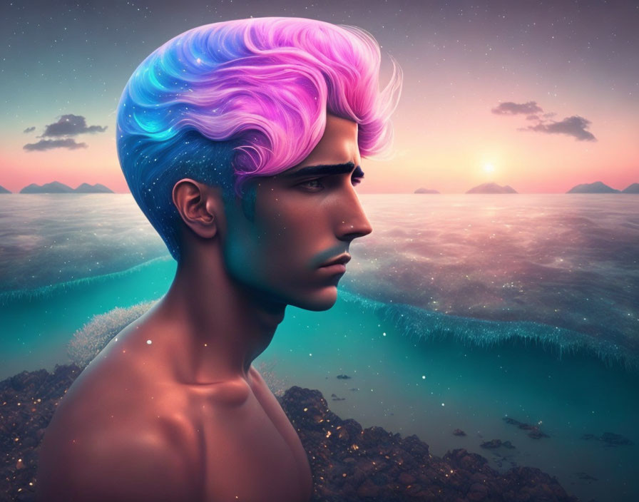 Man with Cosmic Hairstyle in Ocean Sunset Backdrop