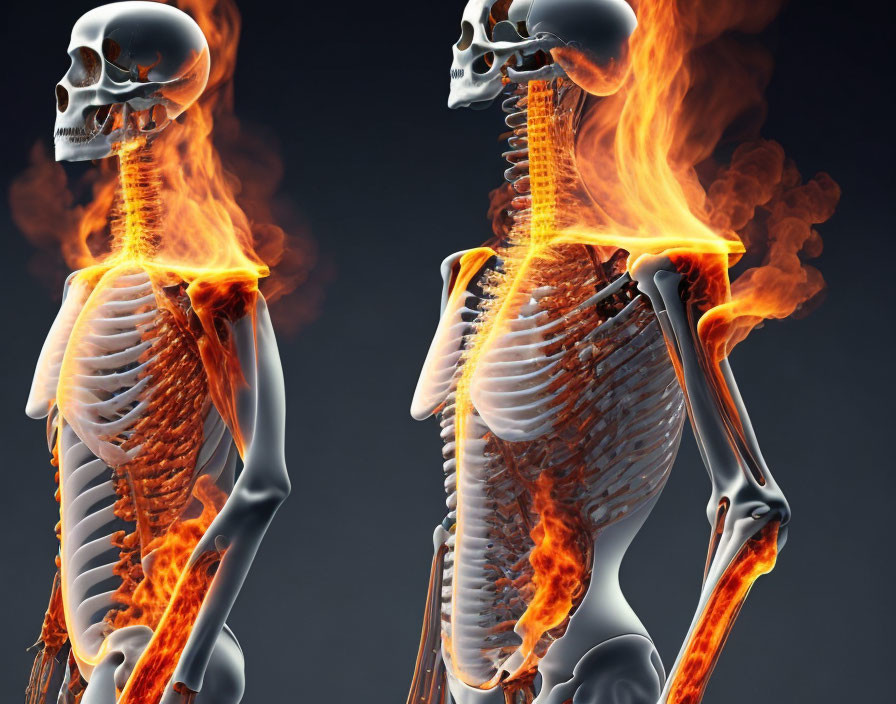 Digital illustration: Two skeletons with flaming body parts, showing bone and joint inflammation.