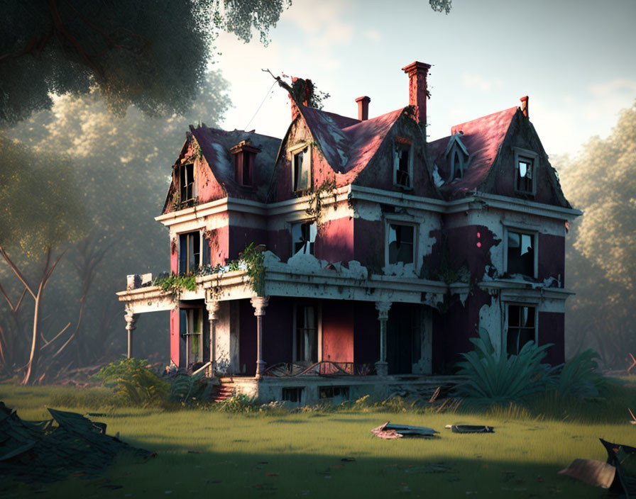 Abandoned two-story house in forest clearing with damaged roof and overgrown vegetation