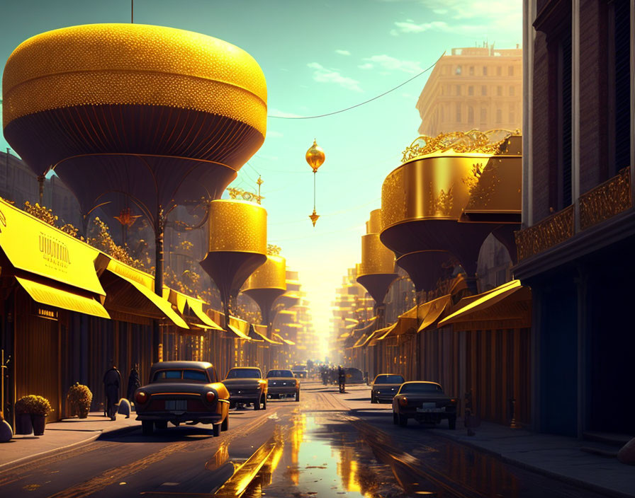 Retro-futuristic cityscape with golden airships, vintage cars, and pedestrians on sunlit