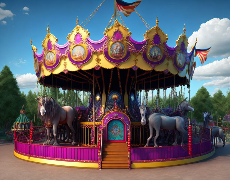 Colorful Carousel with Ornate Decor and Galloping Horses under Blue Sky