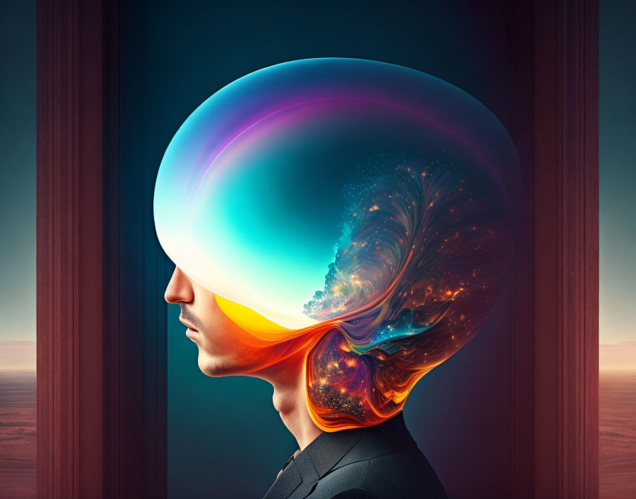 Colorful surreal profile illustration with cosmic brain symbolizing deep thoughts.