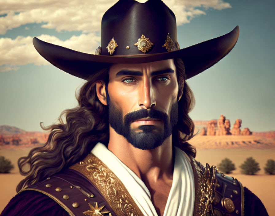 Man with Stylized Beard in Cowboy Hat Artwork against Desert Background