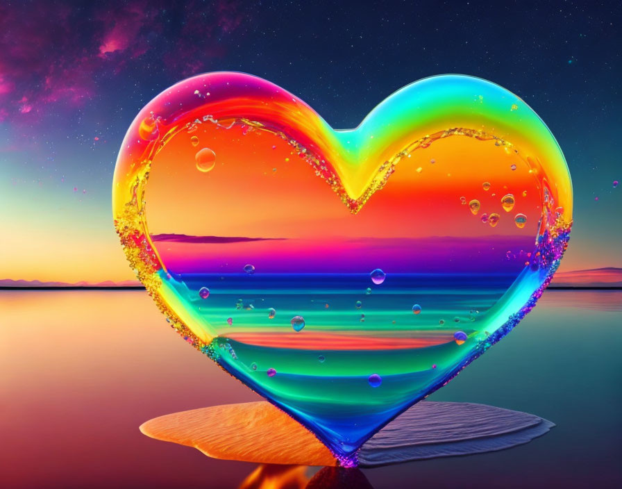 Translucent heart with water droplets on serene sunset and starry sky background