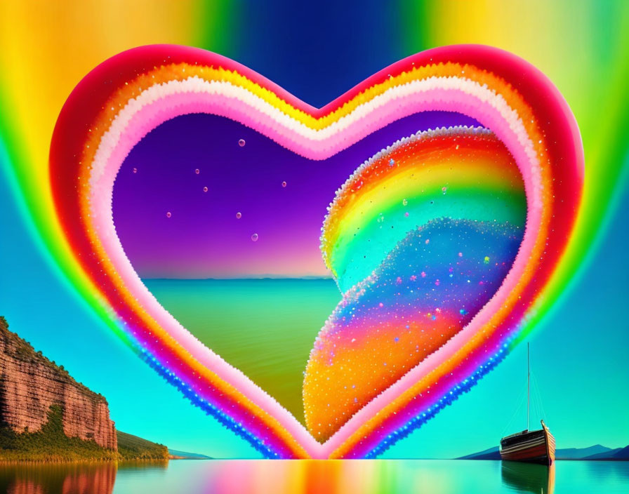 Multicolored heart frames serene lake scene with boat and cliff under starry sky