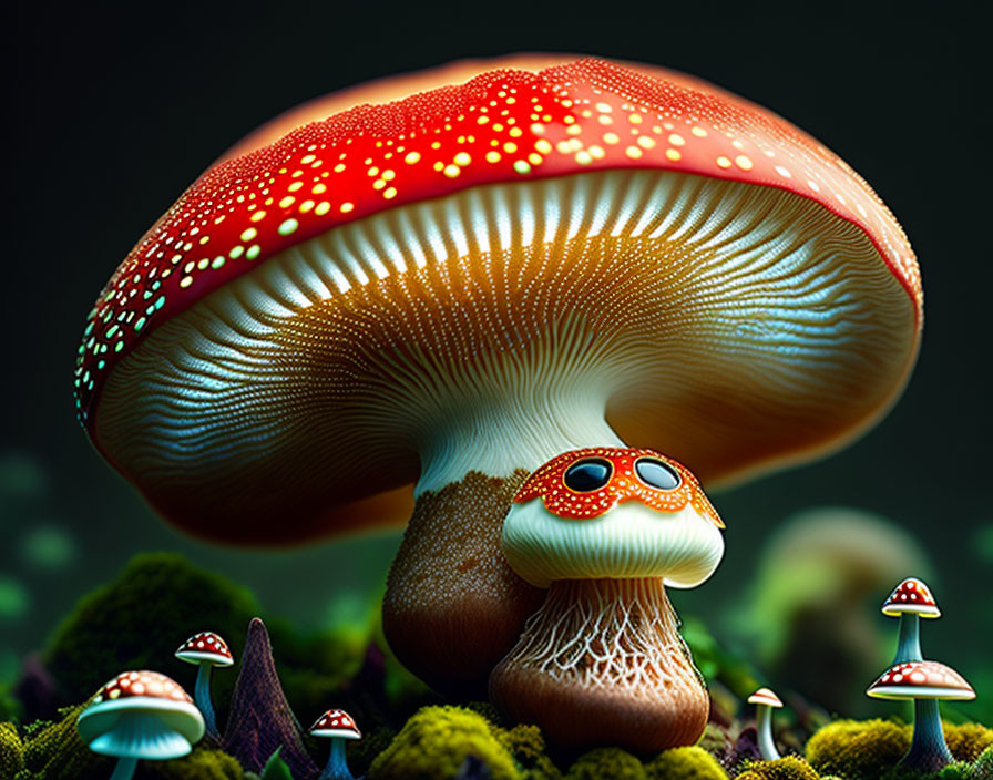 Vivid red mushroom with white spots in mystical digital art