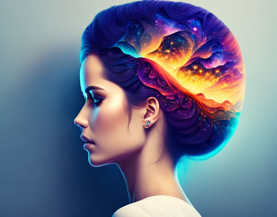 Profile of a woman with cosmic scene seamlessly blended into her hair