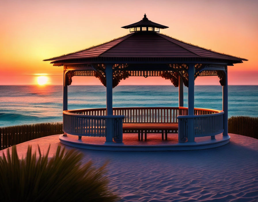 Tranquil Gazebo on Sandy Beach at Vibrant Sunset