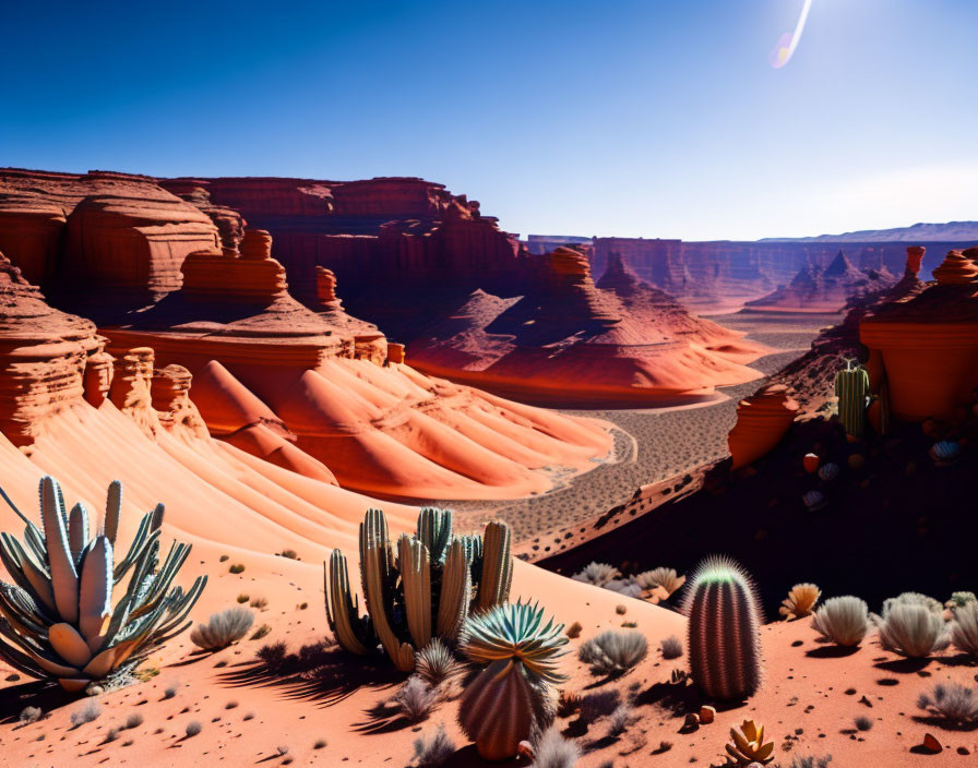 Desert landscape with red sandstone formations, cacti, and blue sky